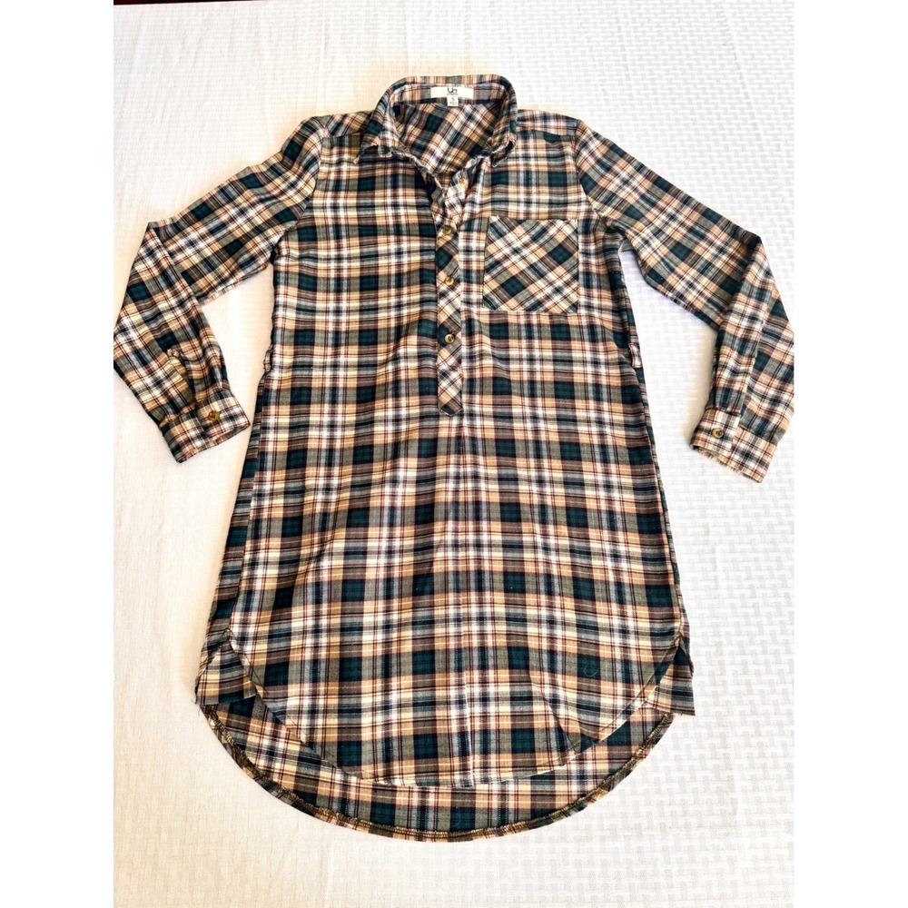 YA Los Angeles Plaid Flannel Shirt Dress Green Tan Tunic Small YL19785